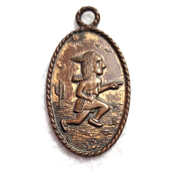 Bell Trading Jewelry - Vtg 60s Copper Bell Trading Post Native American Running with Tomahawk Pendant